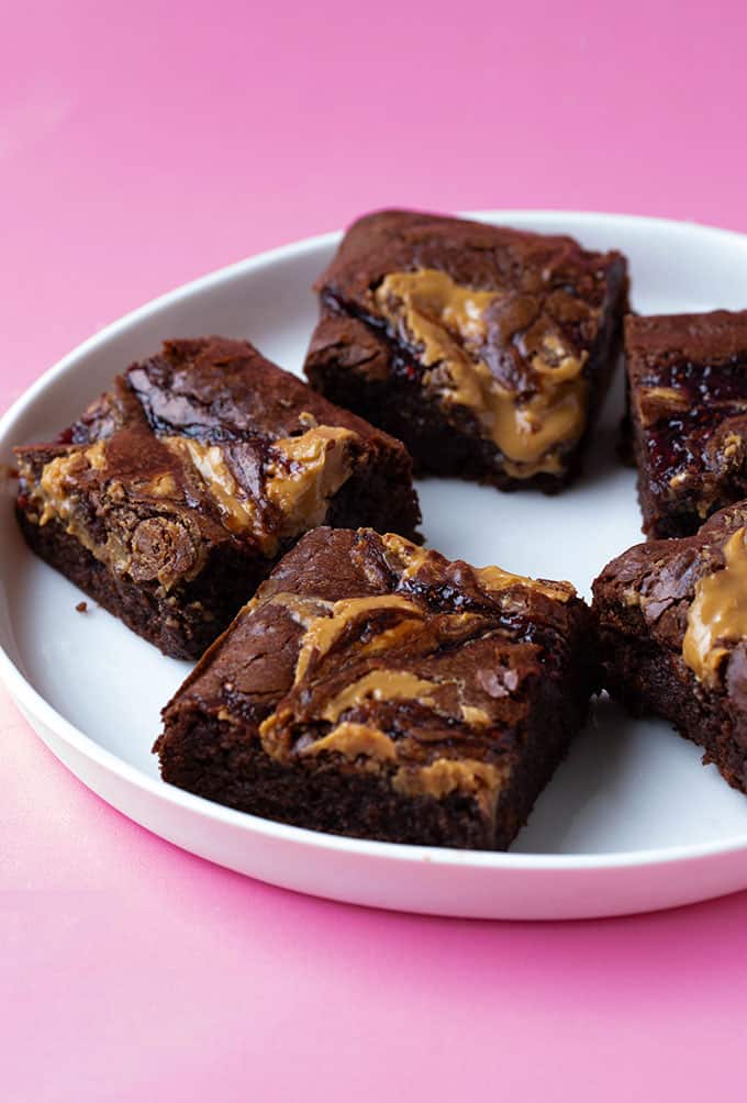 A plate of homemade chocolate peanut butter brownies