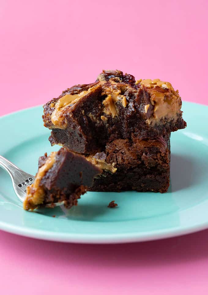 A homemade Peanut Butter Brownie with a bite taken out of it