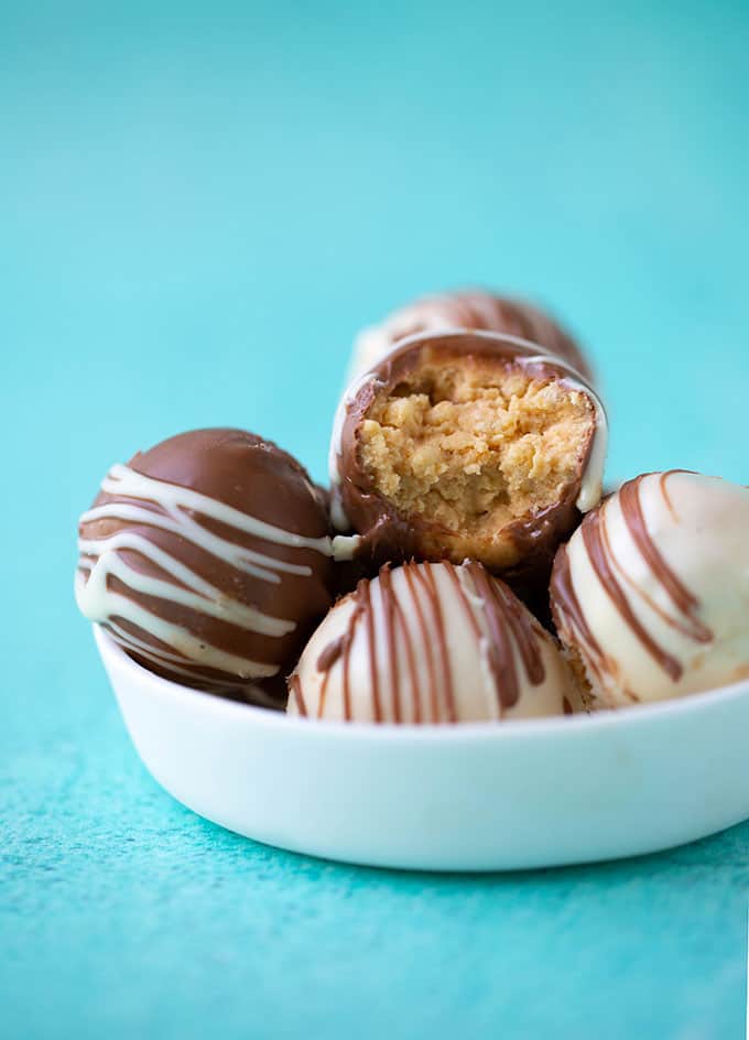 A close-up of a homemade Peanut Butter Truffles with Rice Krispies