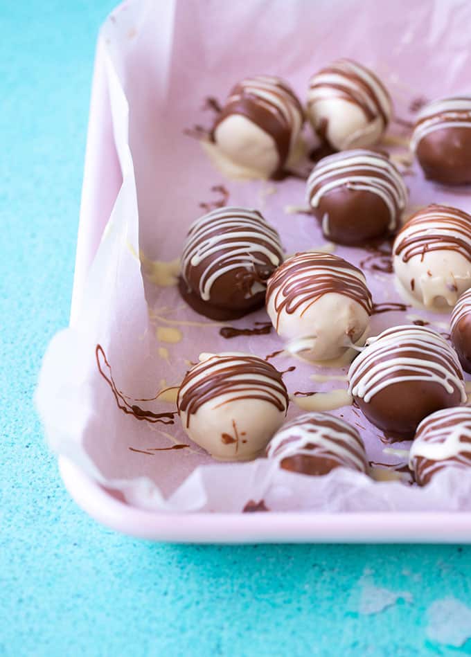 Peanut Butter Truffles on a pink tray
