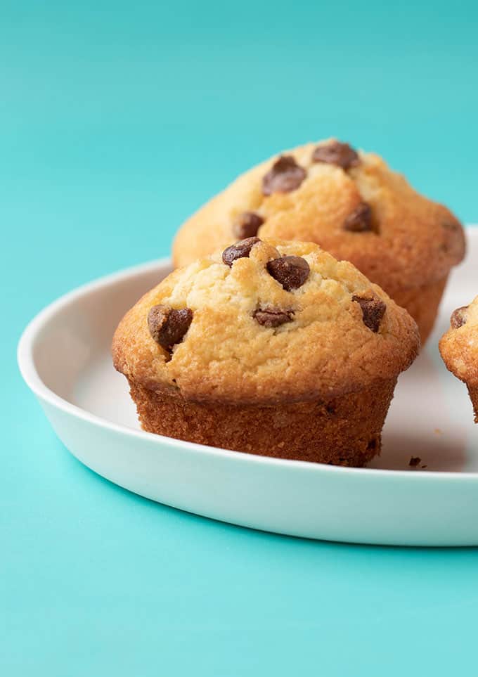 The perfect Chocolate Chip Muffin on a white plate