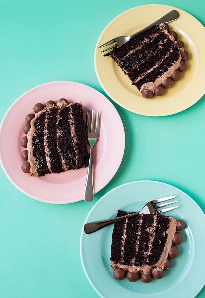 Top view of slices of chocolate cake on plates
