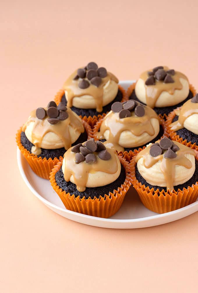 Homemade Chocolate Peanut Butter Cupcakes on a white plate