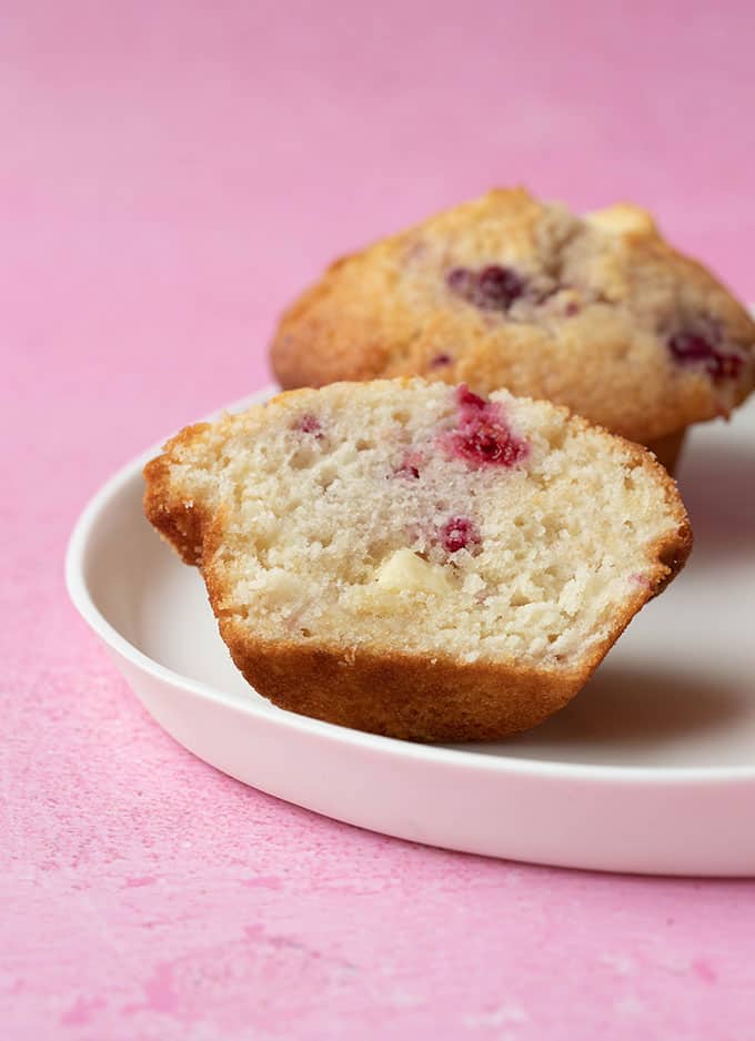 The inside of White Chocolate Raspberry Muffin
