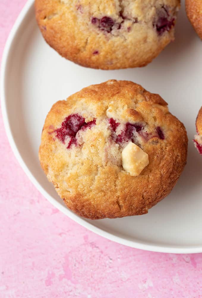 Top view of a White Chocolate Raspberry Muffin