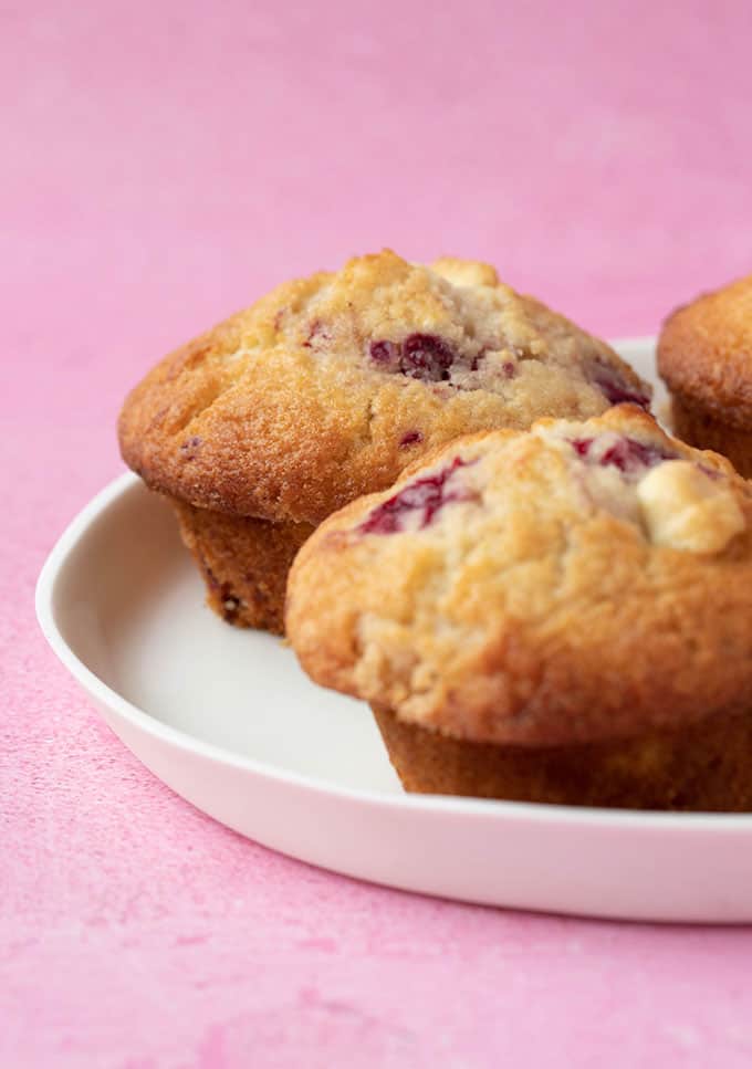 Close up of a White Chocolate Raspberry Muffins