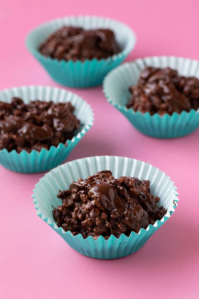 Homemade Chocolate Crackles in blue cupcake liners