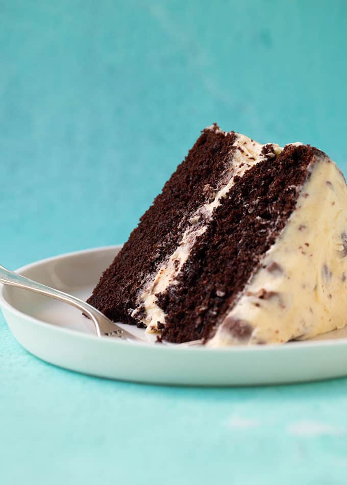 Homemade Creme Egg Chocolate Cake on a white plate
