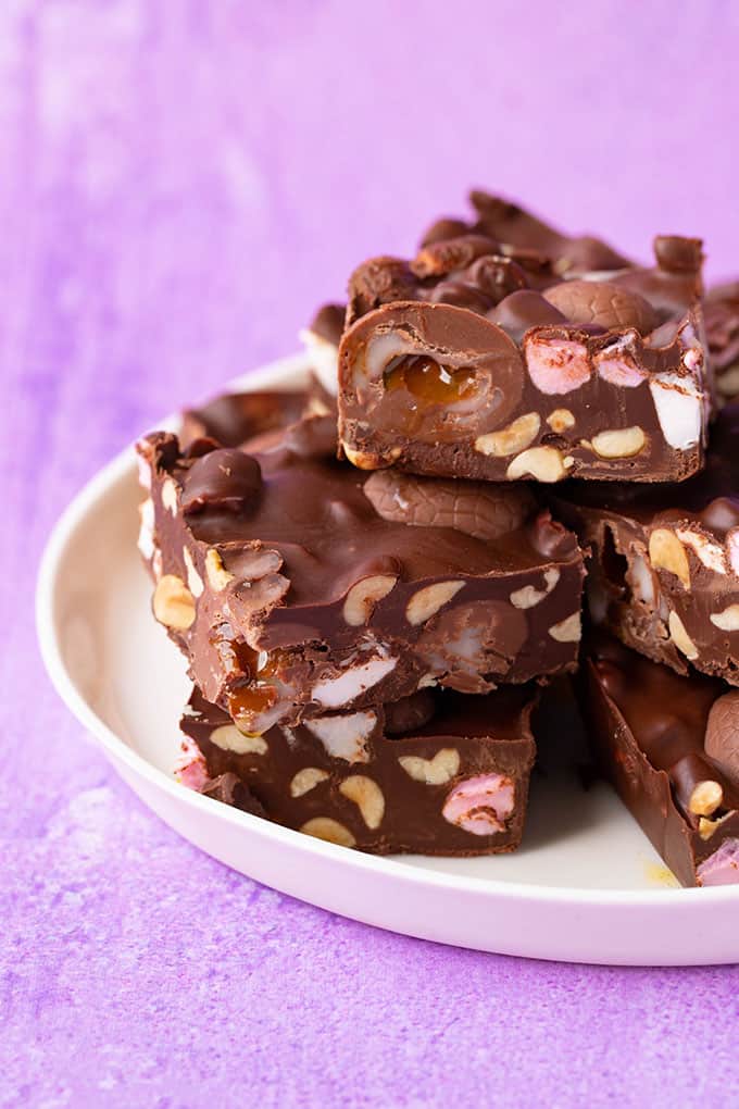A stack of homemade Creme Egg Rocky Road