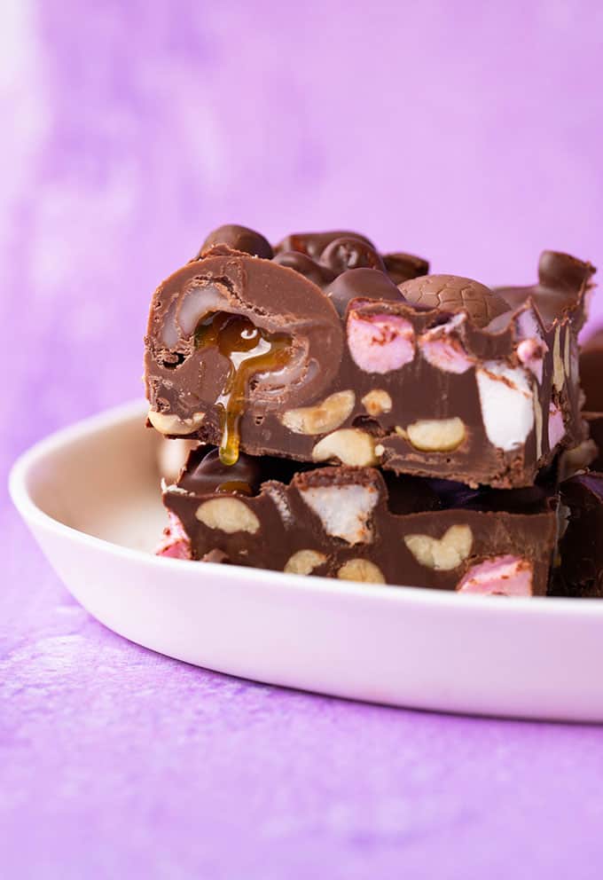 A close up of a slice of Creme Egg Rocky Road