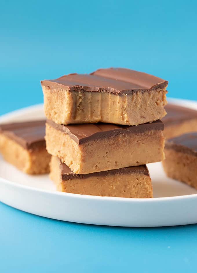 Homemade peanut butter bars with a bite taken out of it