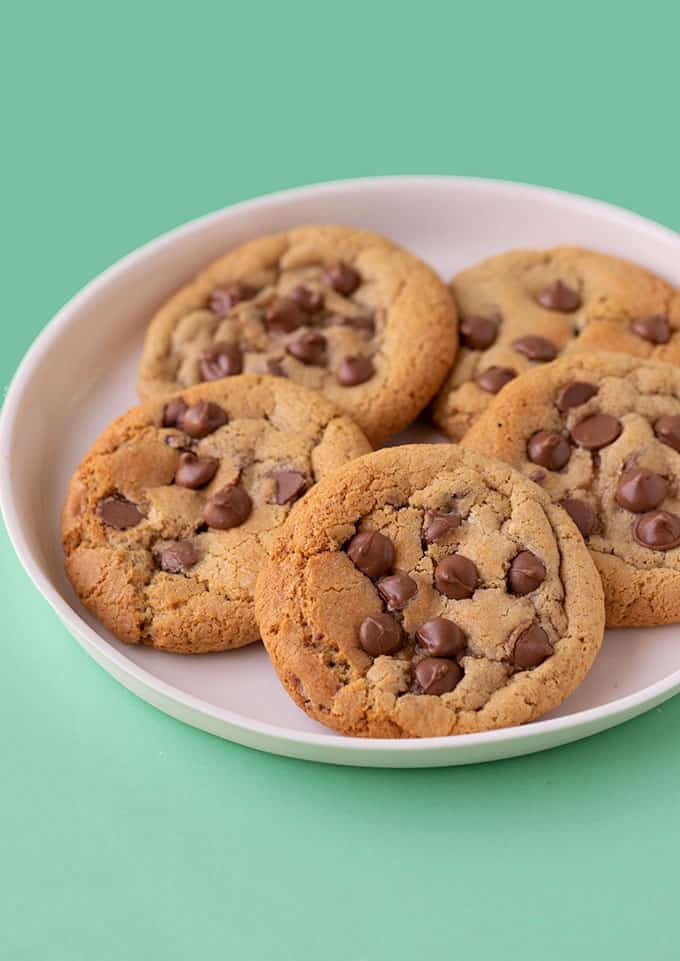 Gluten free chocolate chip cookies on a white plate