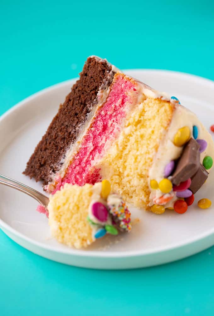 Neapolitan Cake with a fork in it