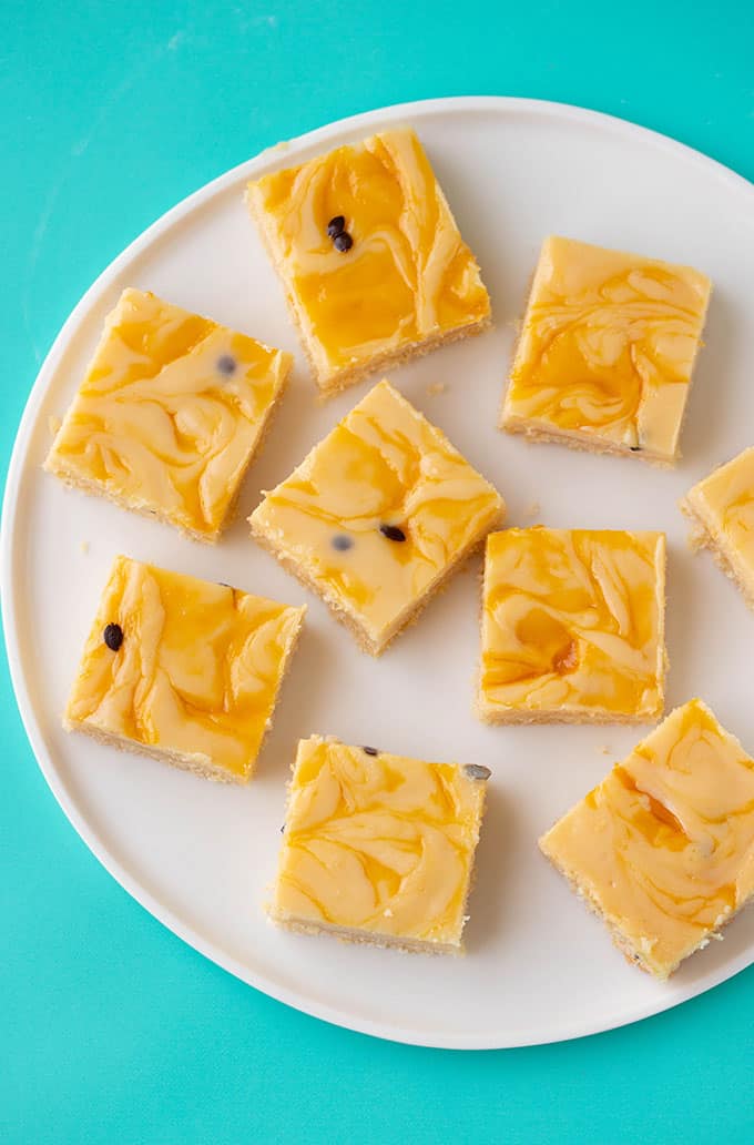 Top view of a plate of homemade Passionfruit Slice
