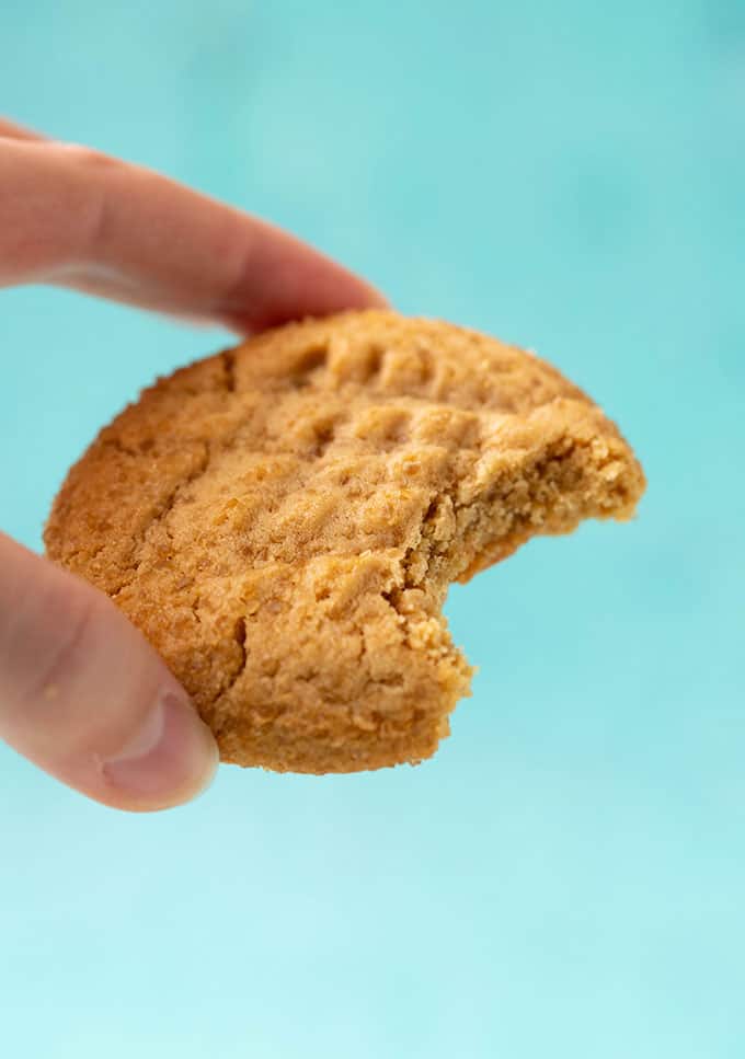 A hand holding a Peanut Butter Cookie with a bite taken out of it