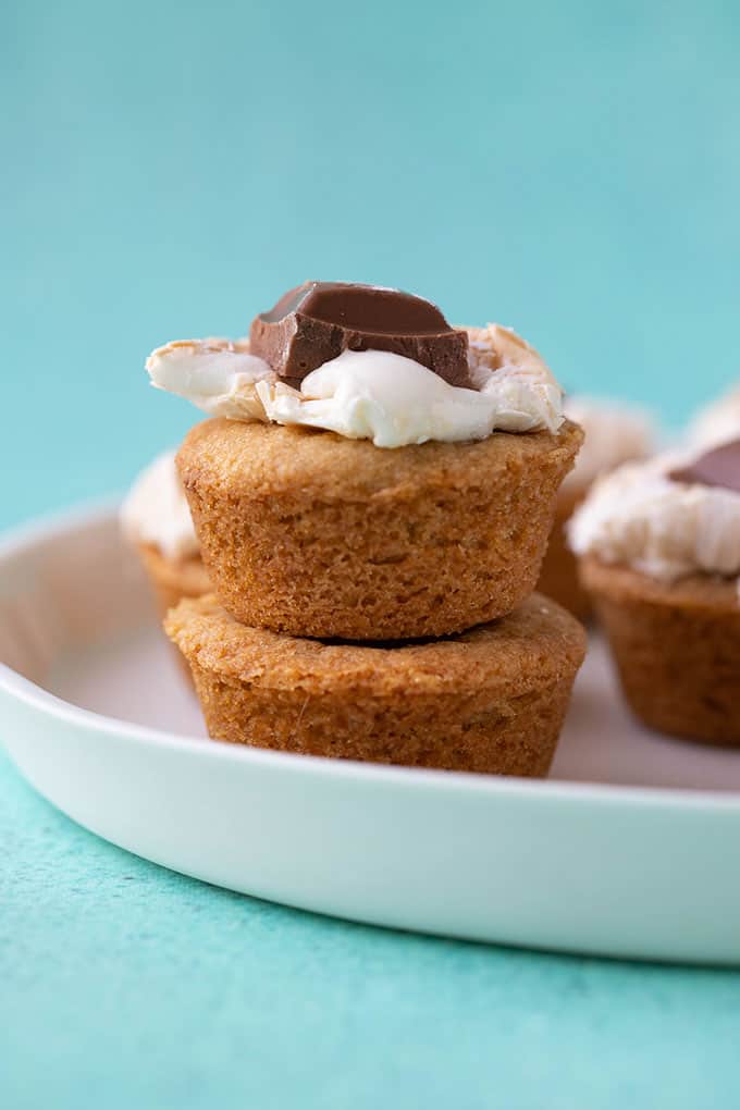 A stack of Smores Cookie Cups on a white plate