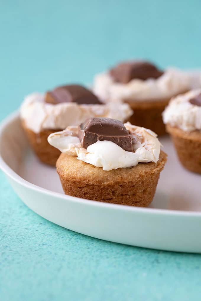 A plate of Smores Cookie Cups on a white plate