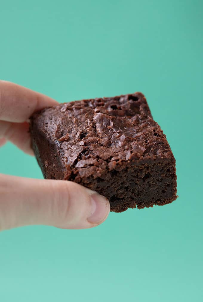 A hand holding a Vegan Brownie