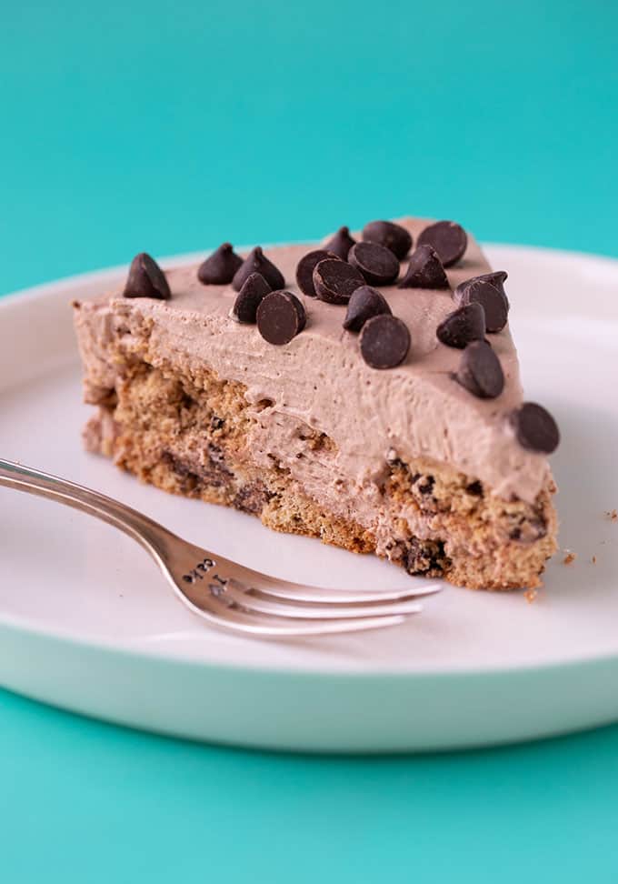 A slice of Chocolate Chip Cookie Icebox Cake on a white plate