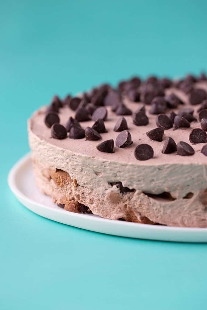 A Chocolate Chip Cookie Icebox Cake on a white plate