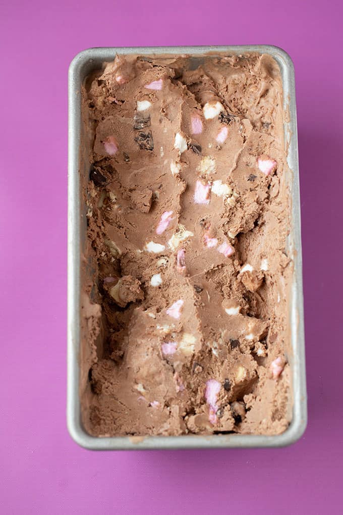 Top view of a tub of rocky road ice cream