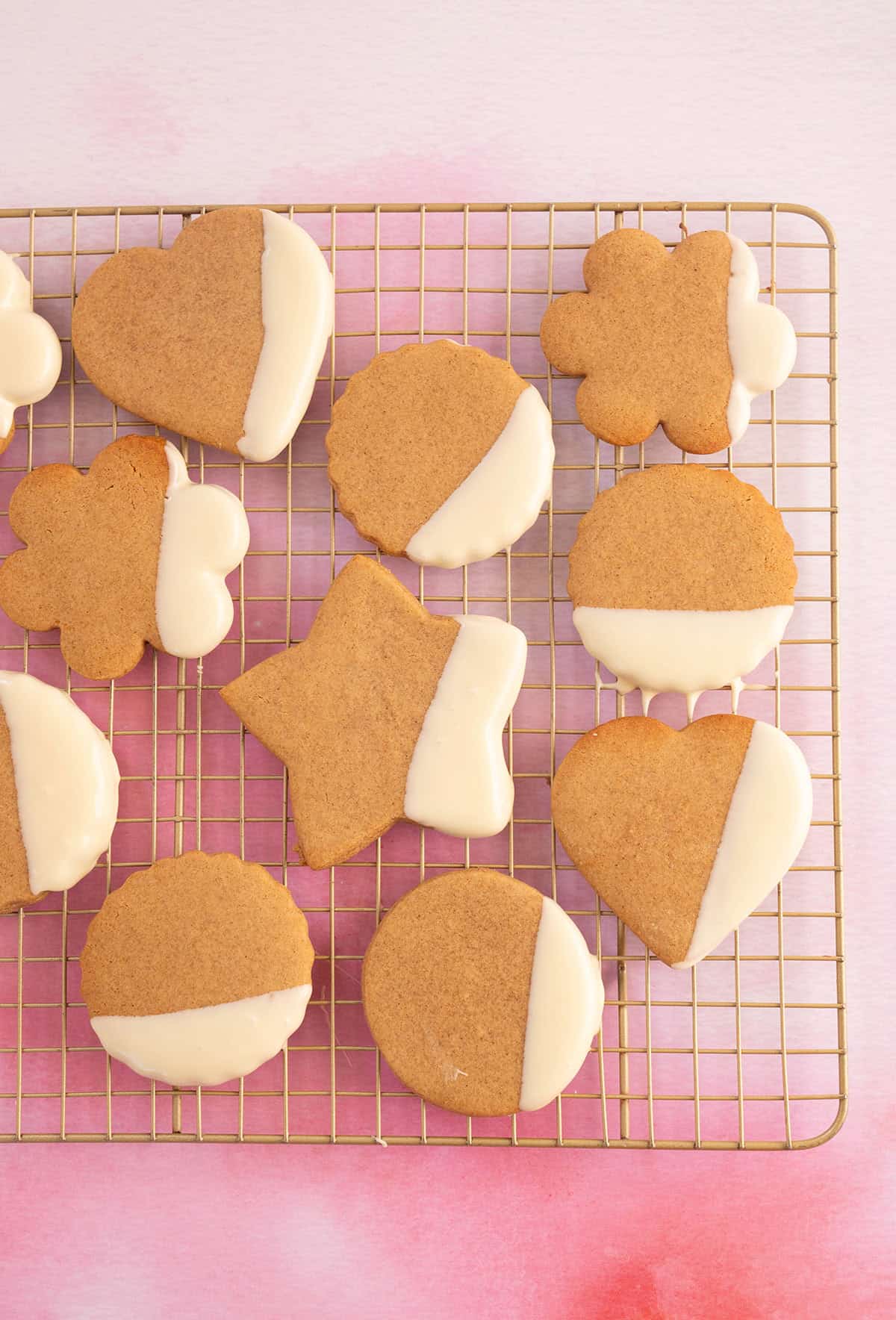 Gorgeous honey cookies on a gold wire rack. 