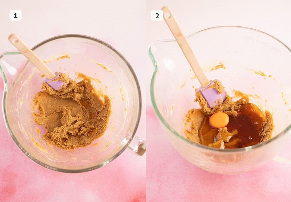 Step by step photos showing how to mix butter and sugar together. 