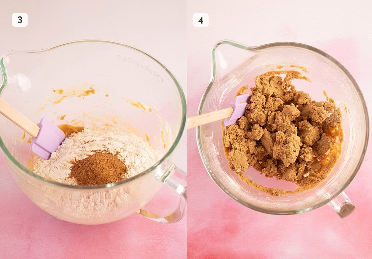 Step by step photos showing how to mix flour and create honey cookie dough. 