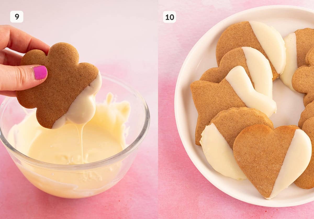 Step by step photos showing how to dip cookies in white chocolate. 