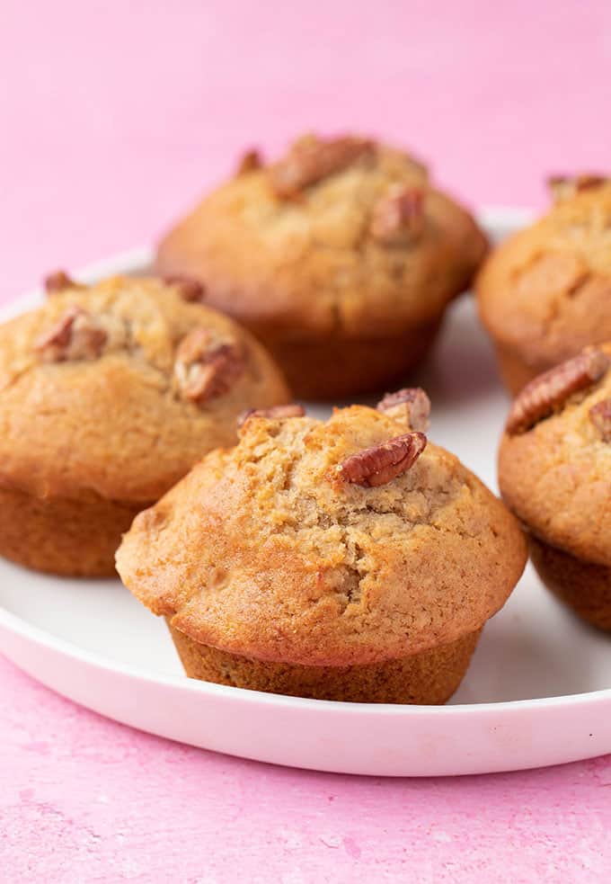 Homemade Banana Nut Muffins on a white plate