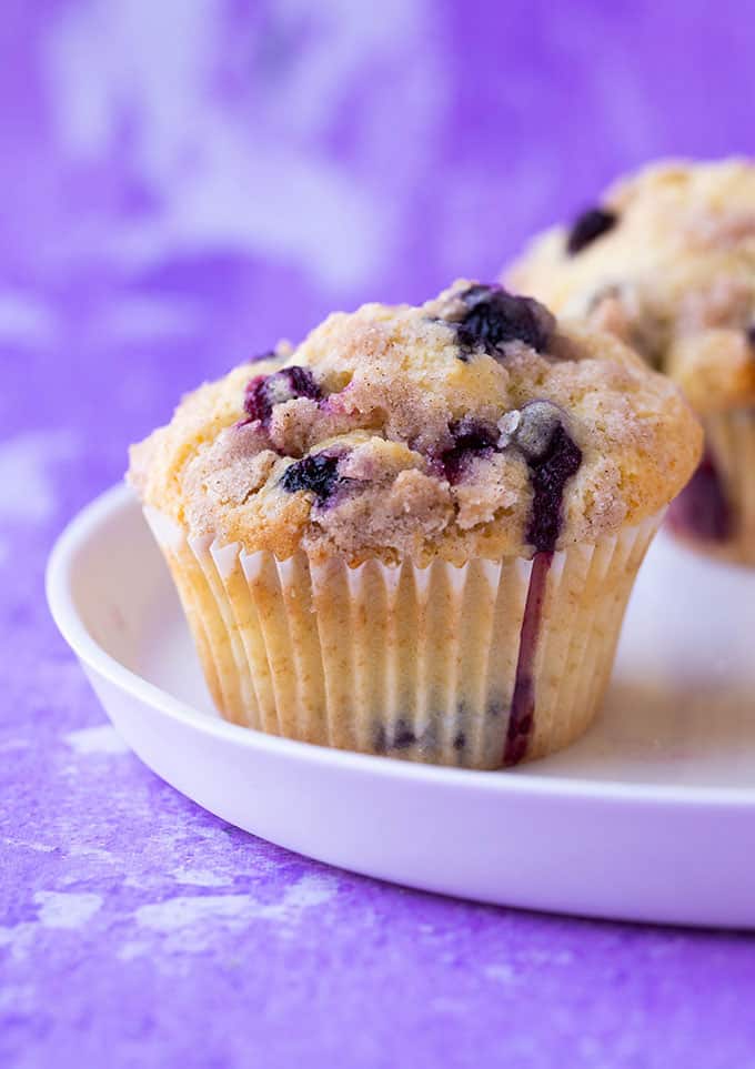 A close up of a homemade Blueberry Crumble Muffins