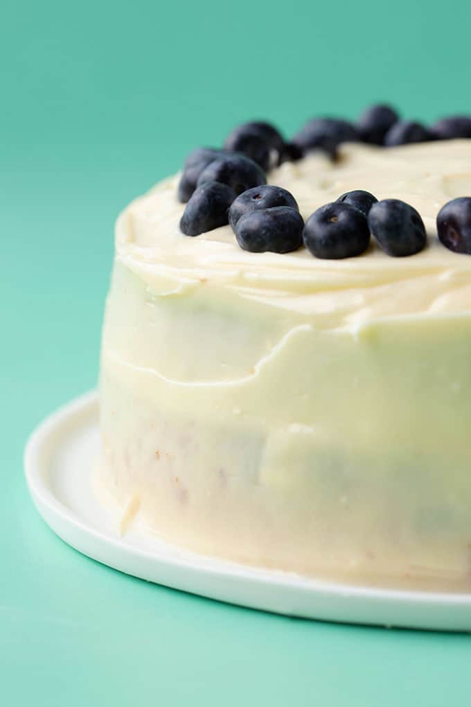 A close up of a homemade Lemon Blueberry Cake