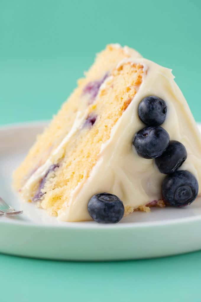 Close up of a piece of Lemon Blueberry Cake