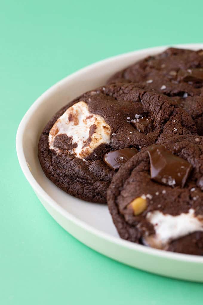 Close up of homemade Dark Chocolate Marshmallow Cookies