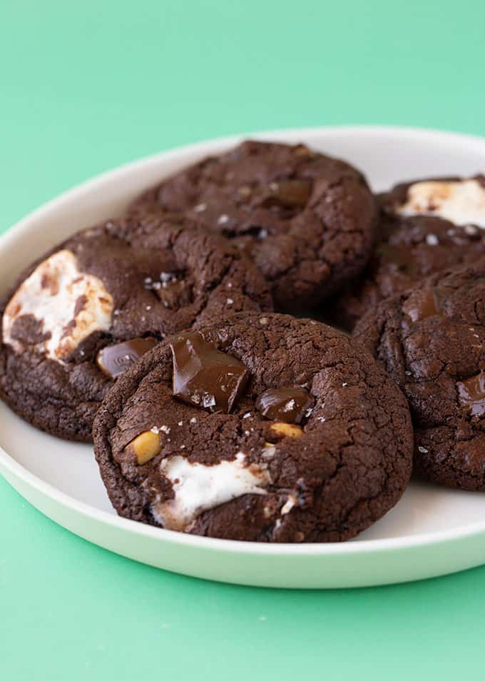 Dark Chocolate marshmallow cookies on a white plate