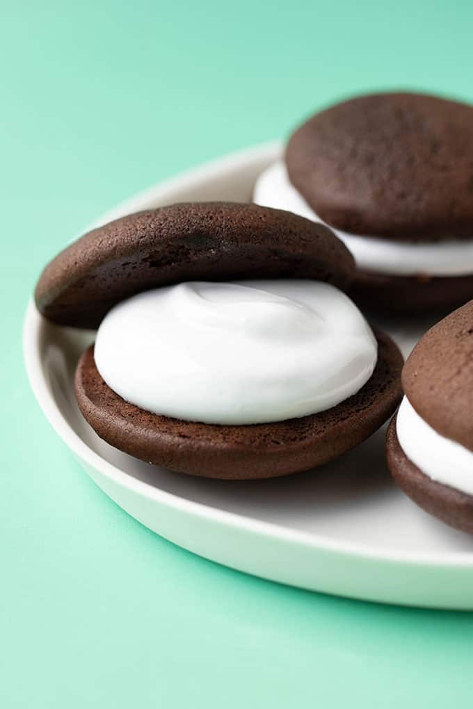 A plate of Chocolate Whoopie Pies filled with marshmallow fluff