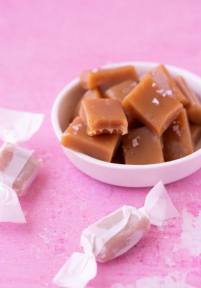 A bowl of homemade Salted Caramel Candy 
