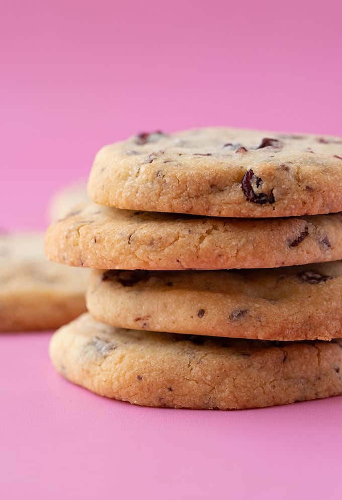 A stack of thick sliced Chocolate Cranberry Shortbread Cookies