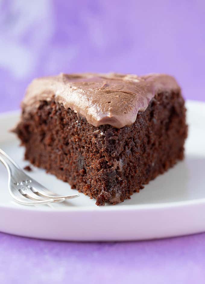 A slice of Gluten Free Chocolate Cake on a white plate
