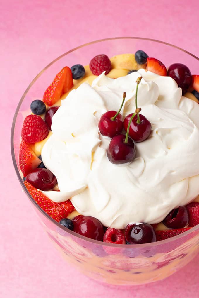 Top view of a berry Trifle topped with whipped cream