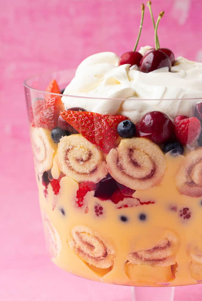 Close up of a layered Trifle in a glass bowl