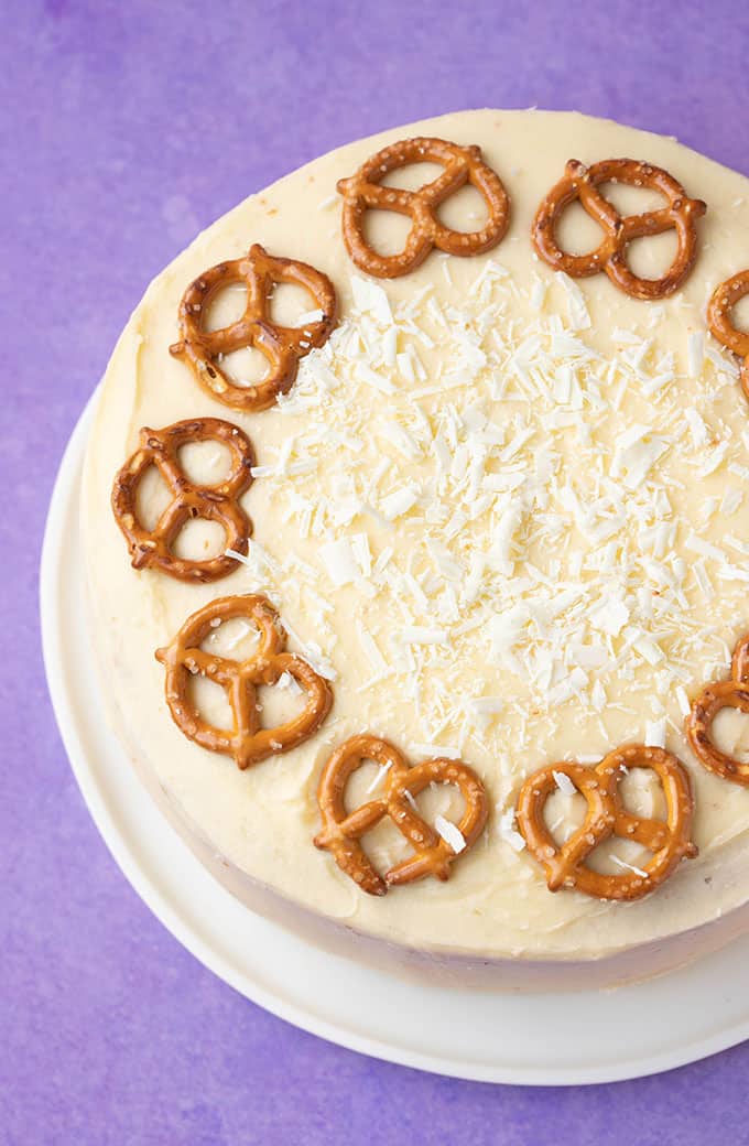 Top view of an Eggnog Cake decorated with pretzels