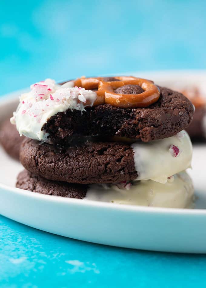A stack of homemade Chocolate Pretzel Cookies