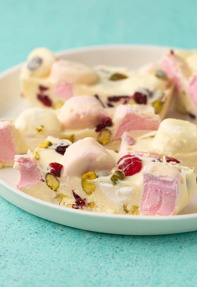A close up of a plate of White Chocolate Rocky Road