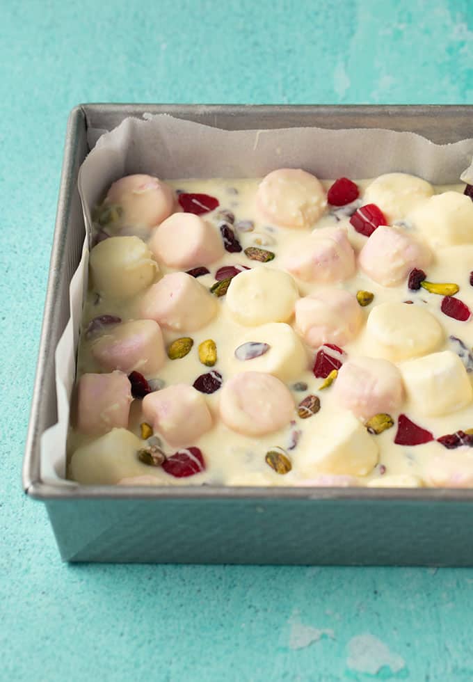 White Chocolate Rocky Road setting in a square cake tin