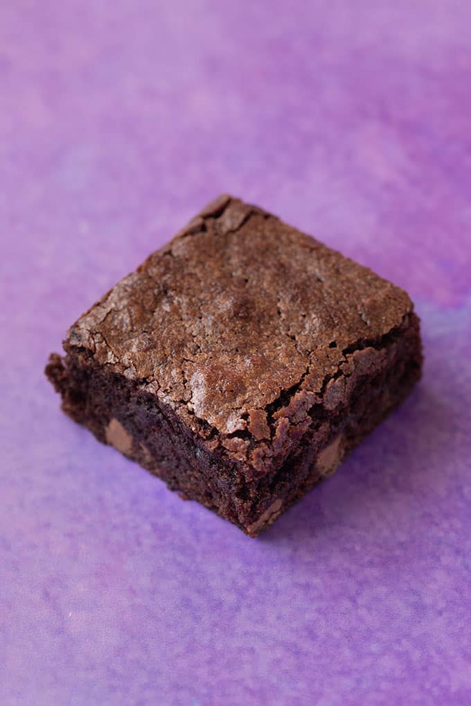 Close up of a Coconut Oil Brownie on a purple background