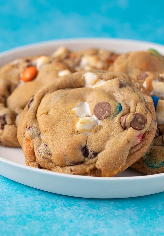 Close up of a homemade M&M Chocolate Chip Cookie