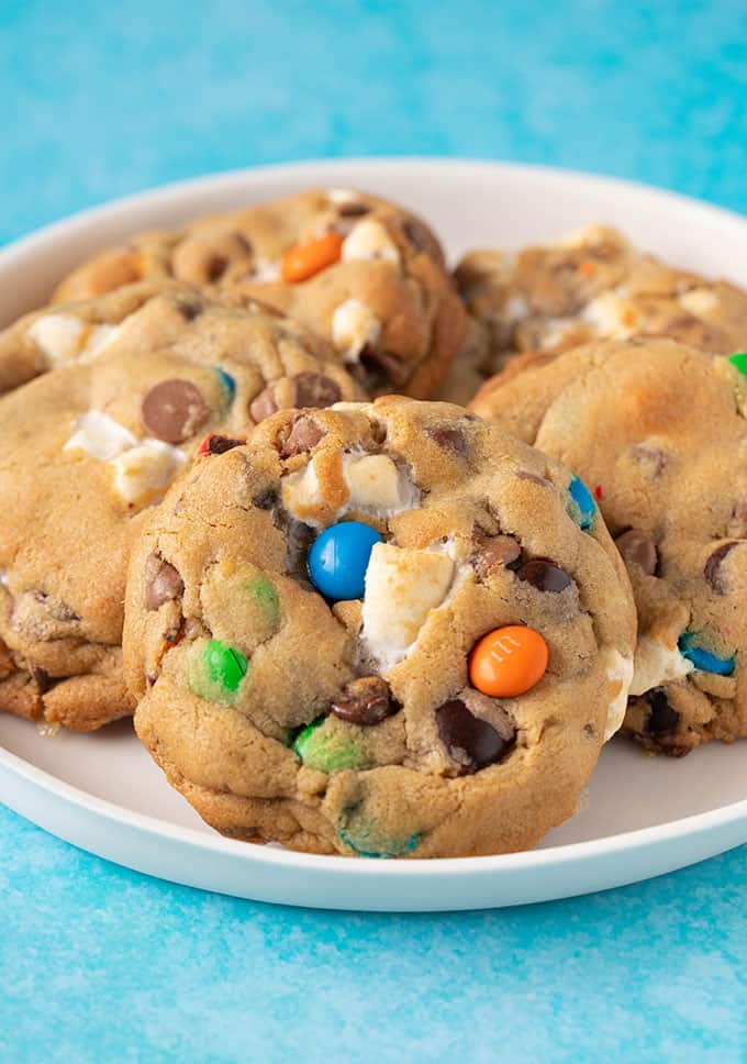 A plate of homemade thick and chewy M&M Cookies
