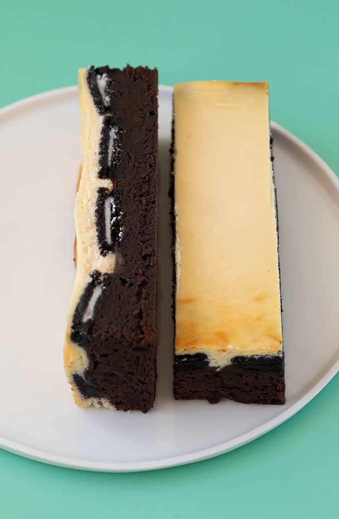 A Cheesecake Brownie with whole Oreos hiding in the middle