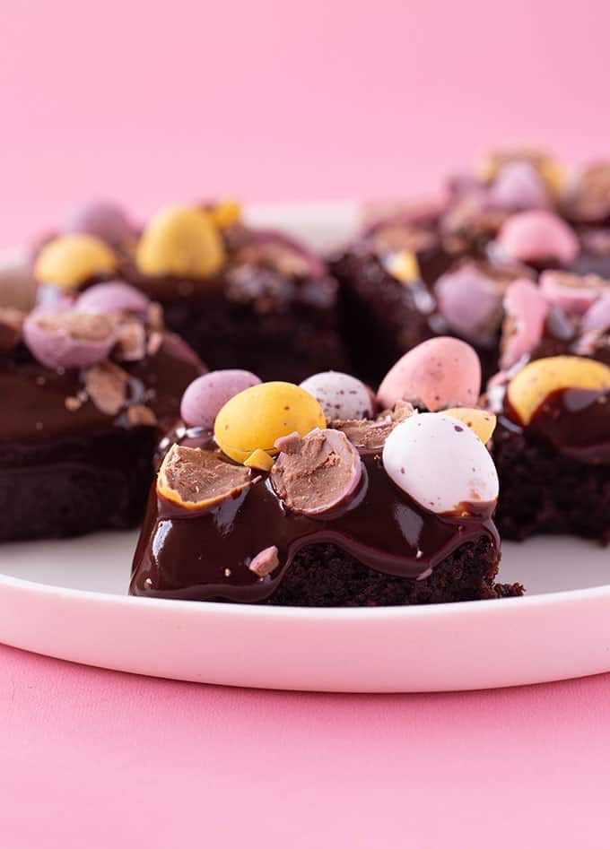 Close up of a Mini Egg Brownie on a white plate